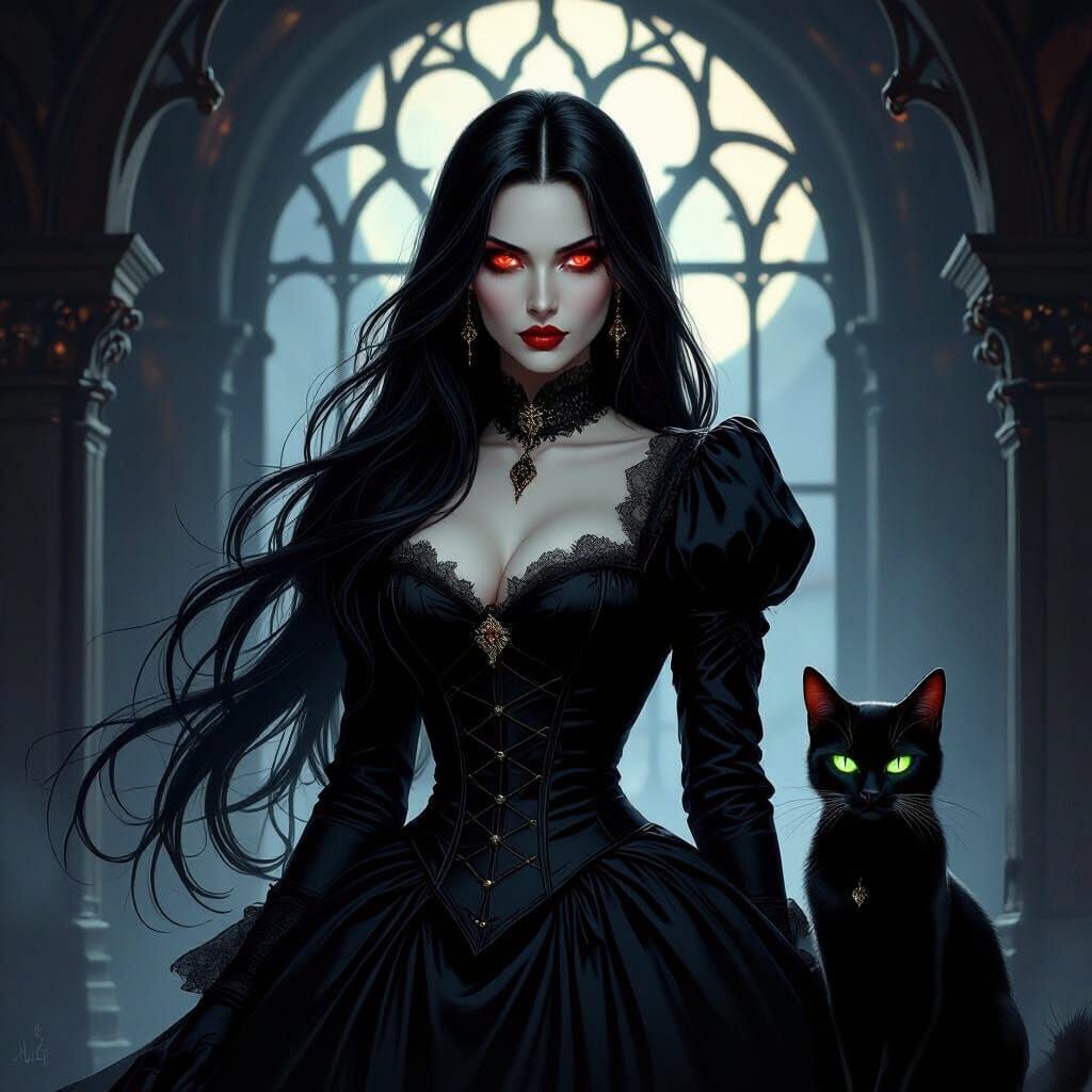 Vampire Lady and Black Cat in Gothic Manor