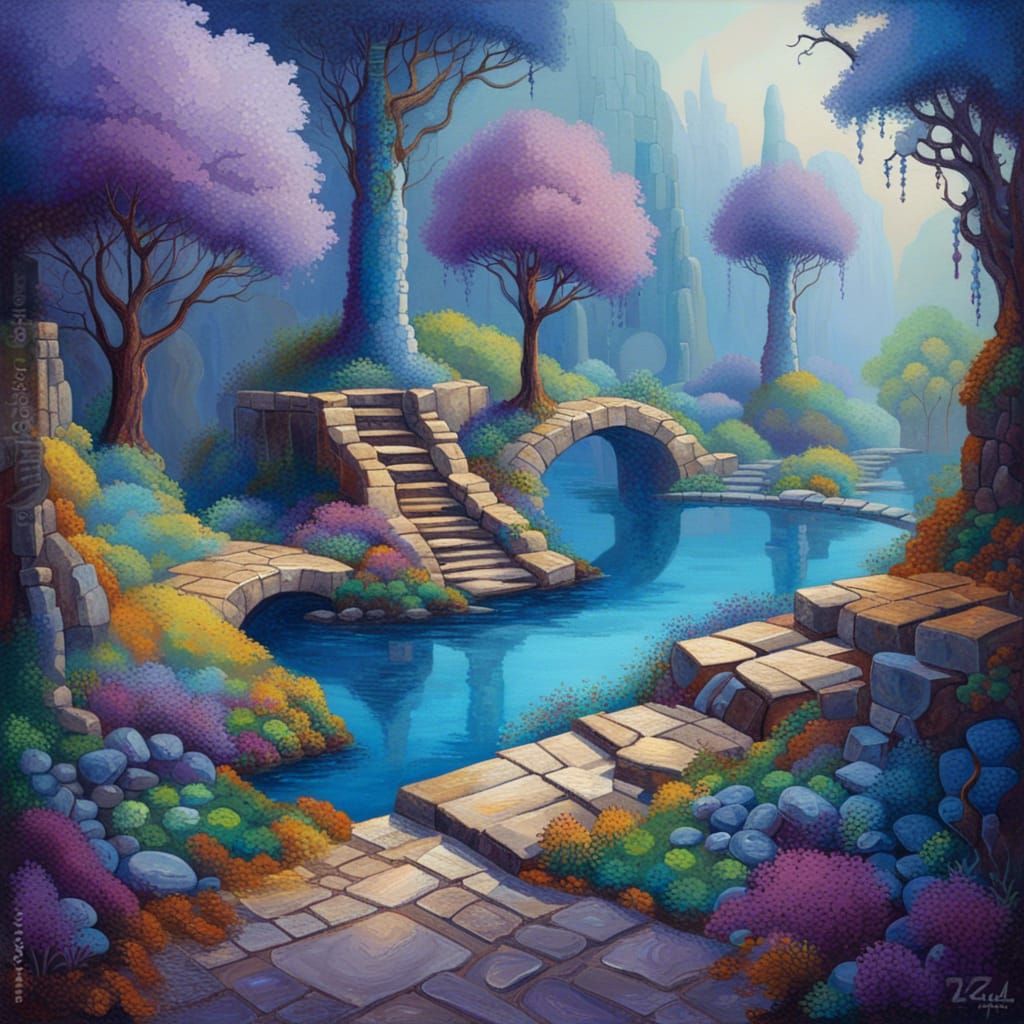 Misty Village Landscape with Beaded Trees