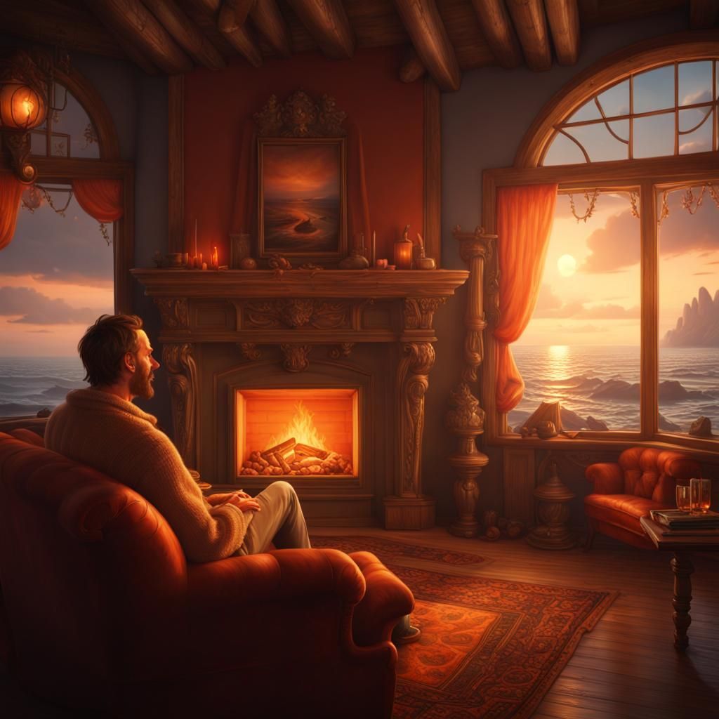 Man Relaxing near Fireplace, Digital Matte Painting