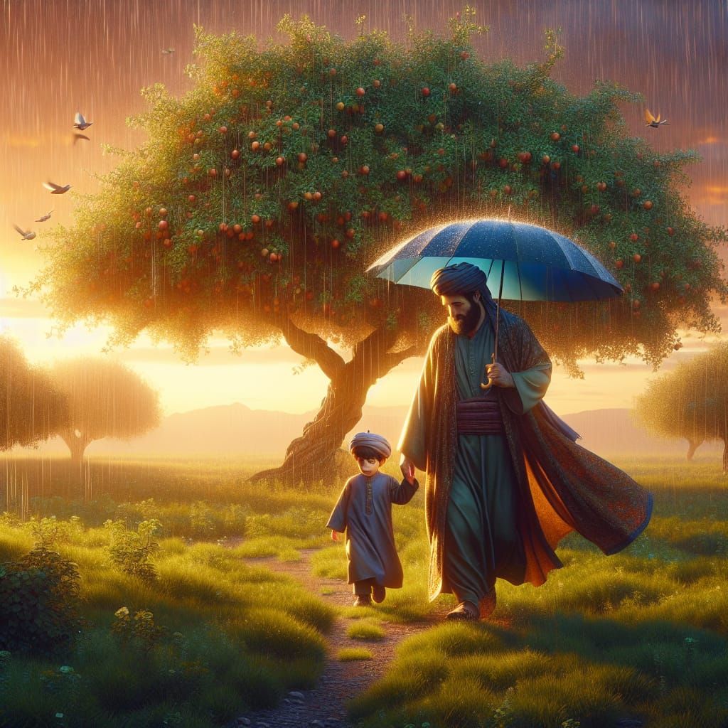 Father and Son in Rainy Sunset, Fantasy Concept Art