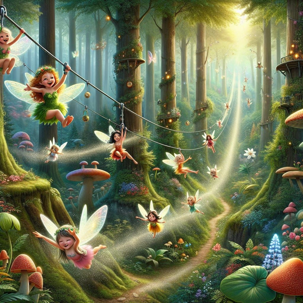 a surreal portrait of cute fairies going down a zip line in ...