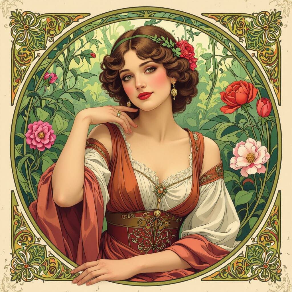 Elegant Woman in Art Nouveau Floral Portrait