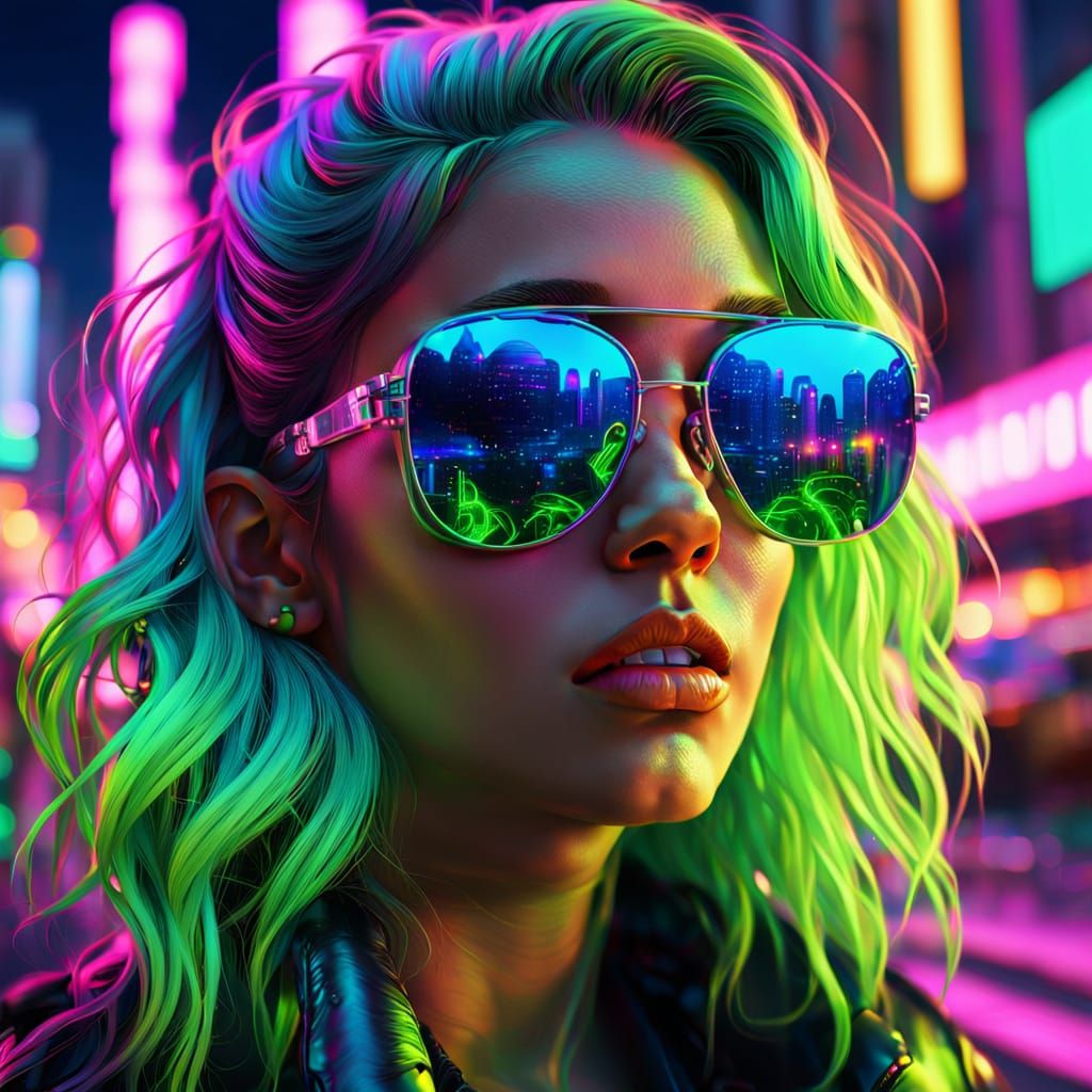 Cyberpunk Woman with Neon Hair: Hyperrealistic Digital Portr...