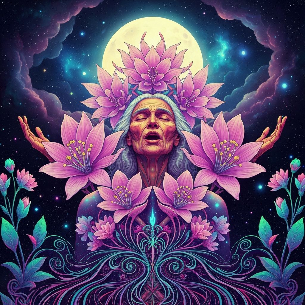 Elder Rebel Singing Under Blooming Moonlight in Surreal Styl...