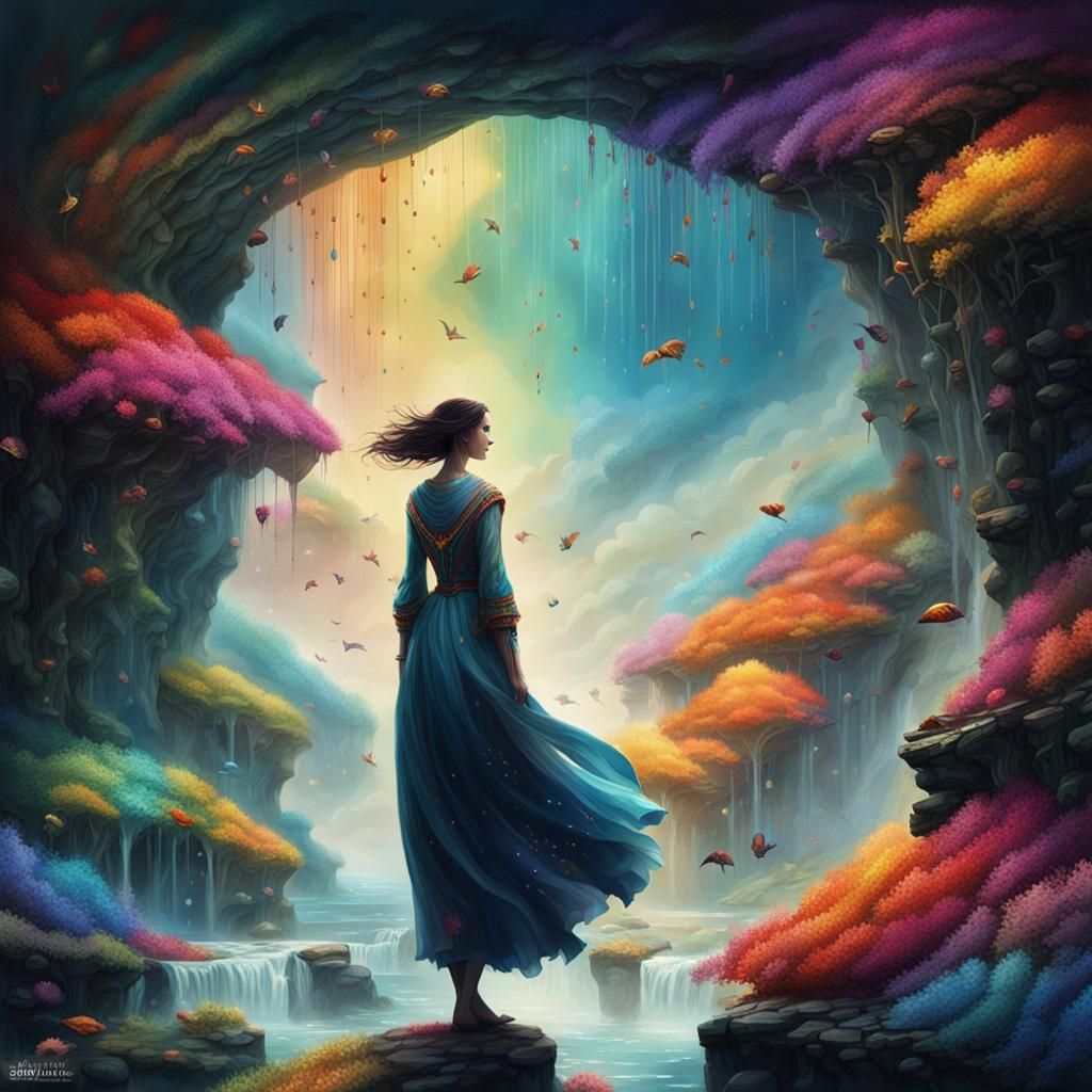 Surreal Woman on Cliff with Rainbow Waterfall