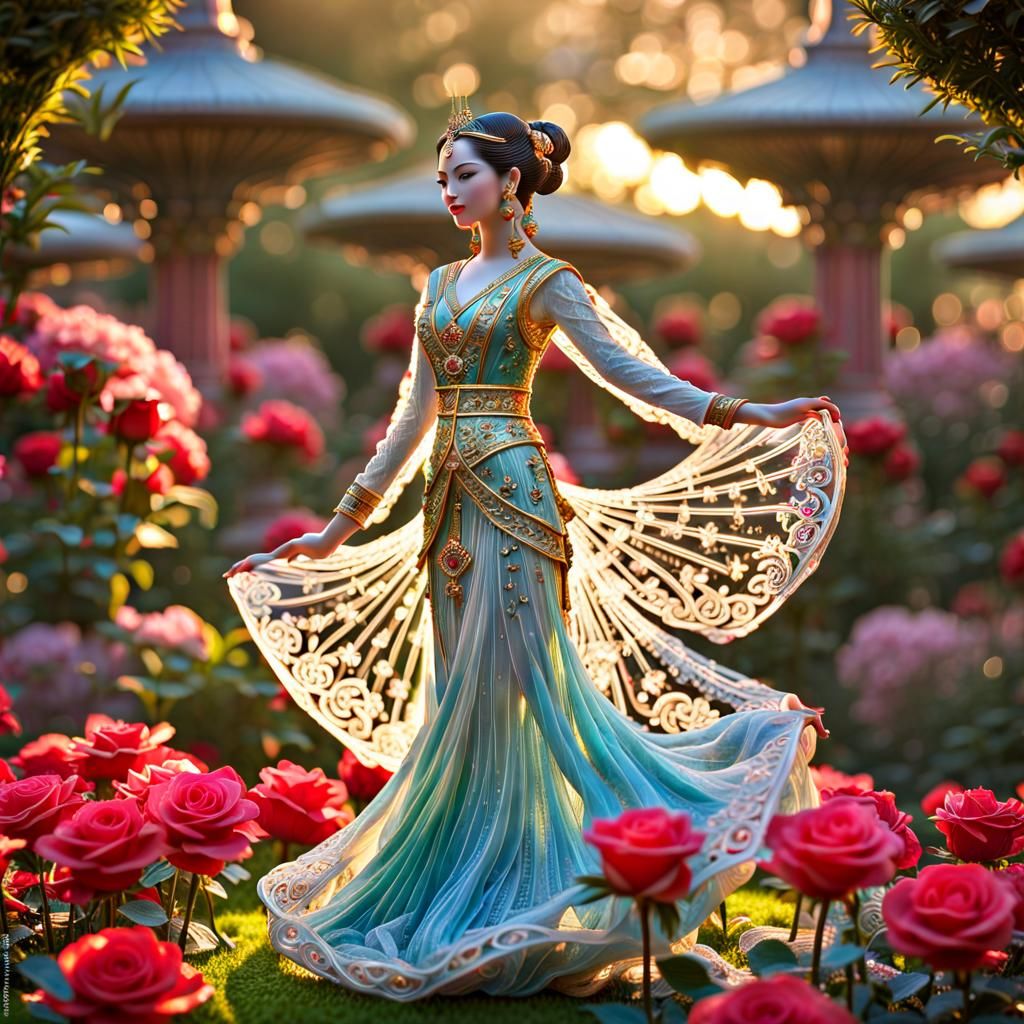 Crystal Oriental Dancer Sculpture with Rose Garden