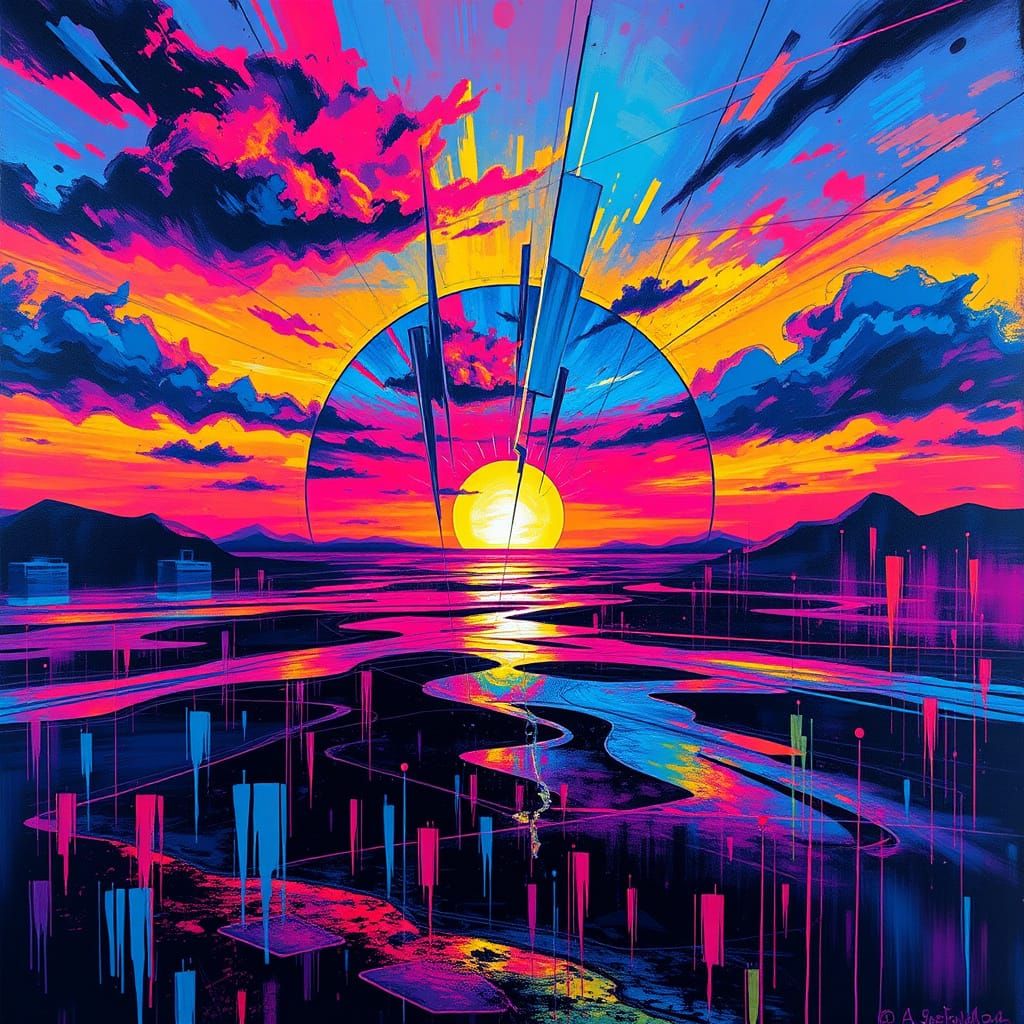 Vibrant Sunrise With Fractured Reflections and Neon Tears