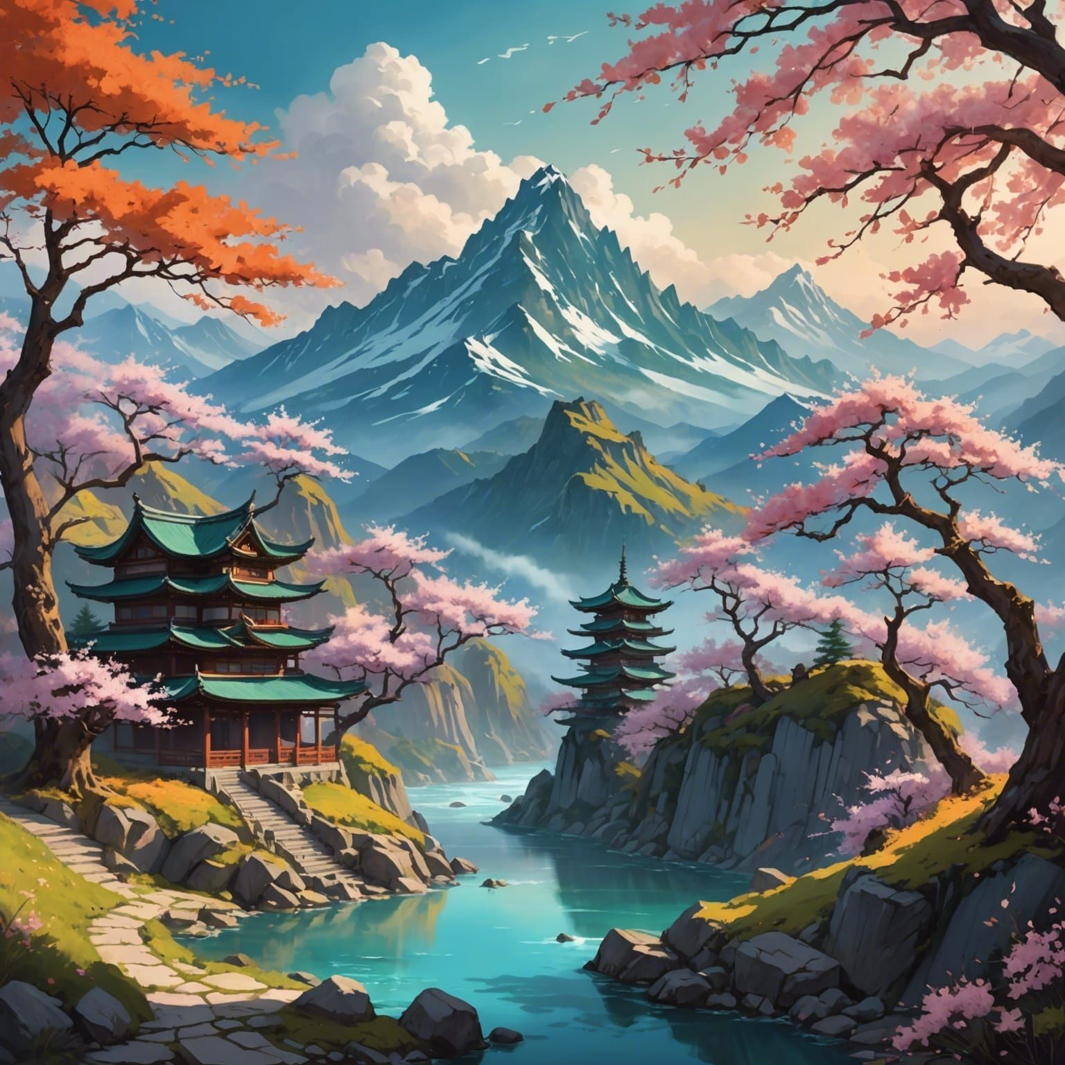 Watercolor Cherry Blossom Mountain Landscape in 8k
