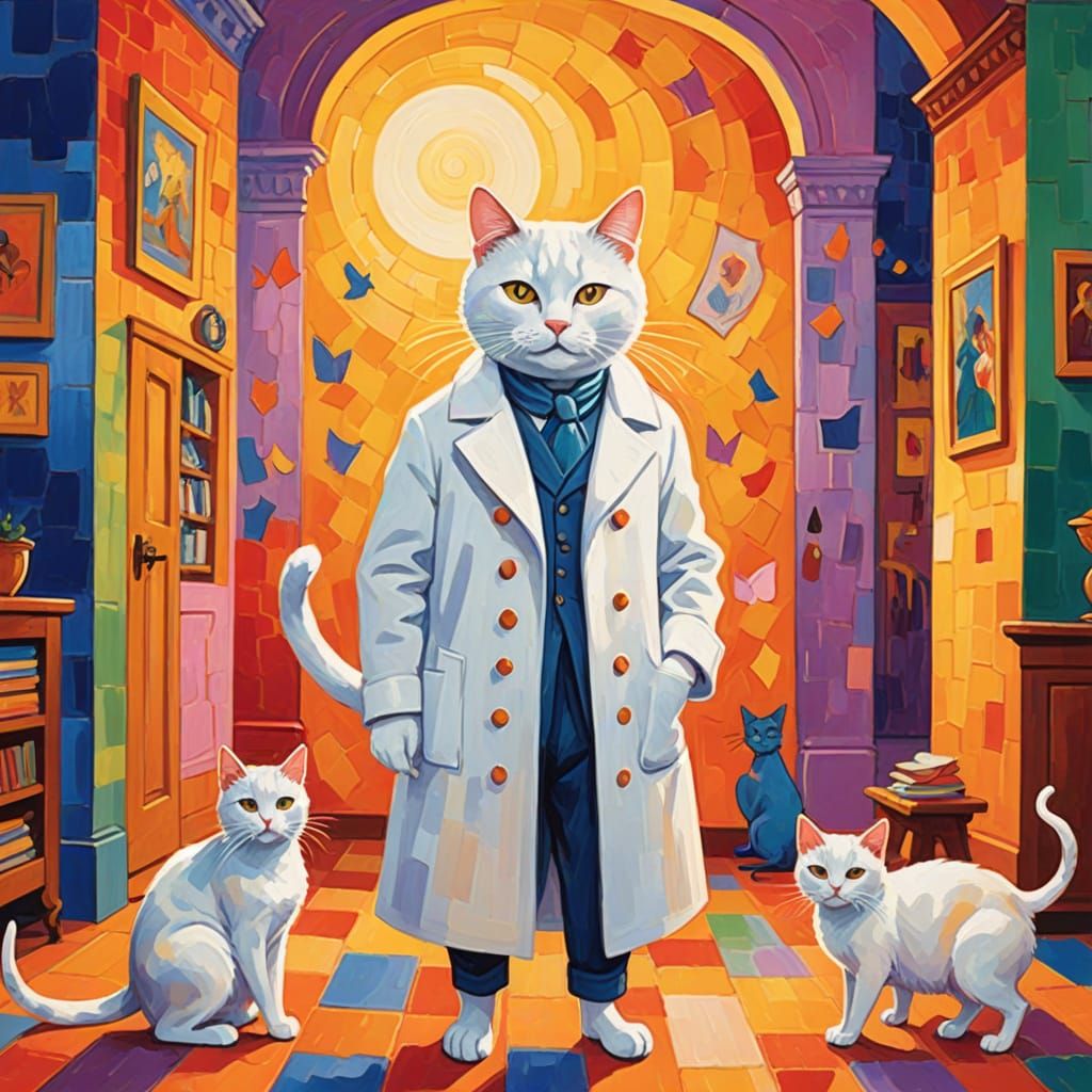 Whimsical Fauvist Masterpiece: Cat in White Coat Surrounded ...
