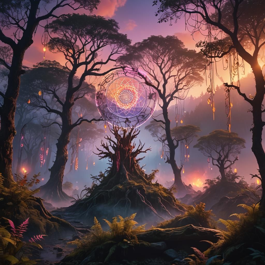 Mystical Sunset Landscape with Runes and Dreamcatchers
