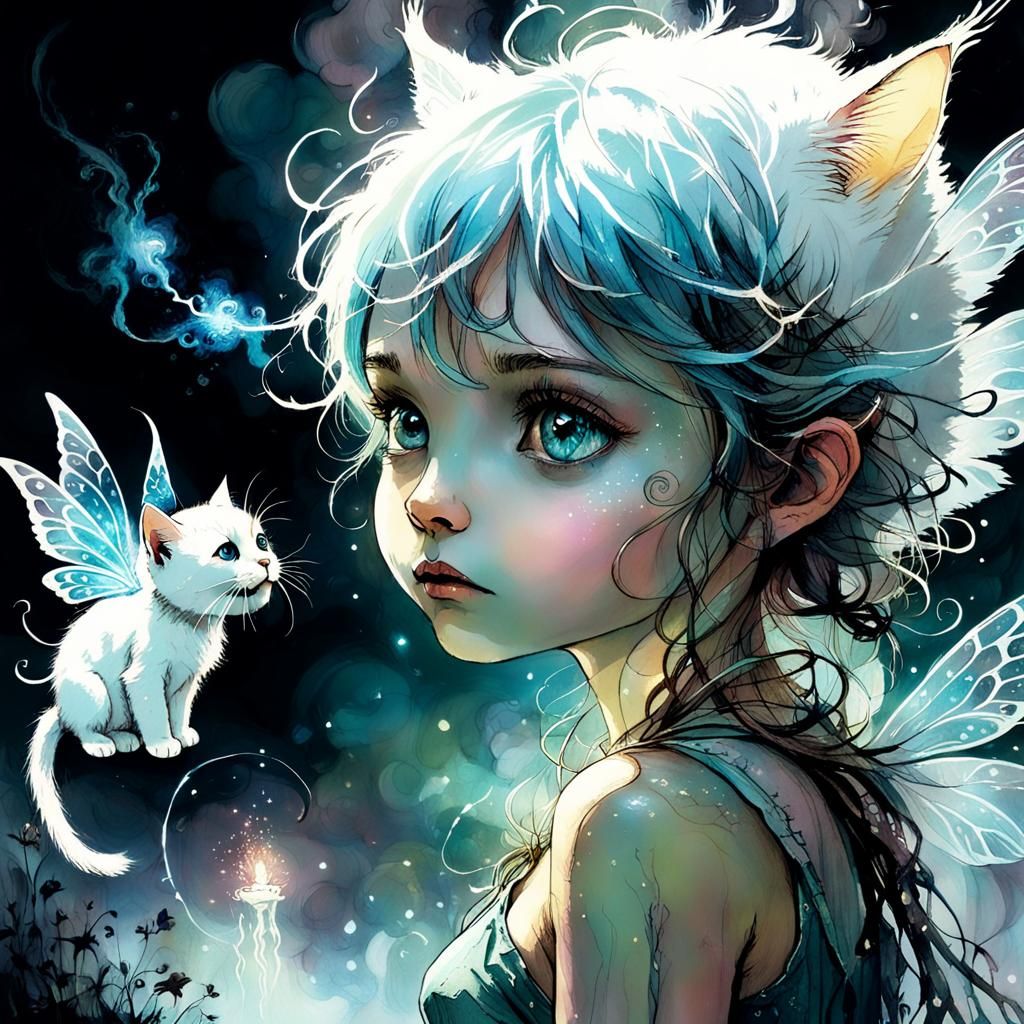 Surprised Fairy and Giant Kitten in Dark Fantasy