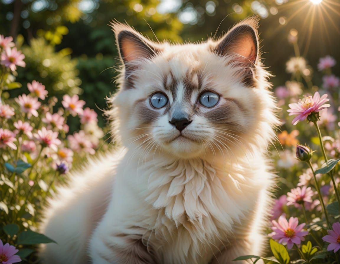 Ragdoll kitten in the flowers