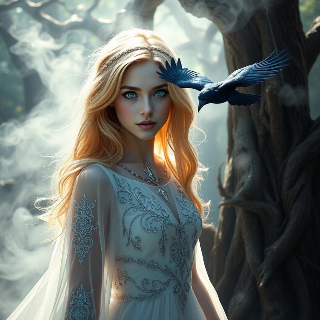 Ethereal Goddess Emerges from Iridescent Mist