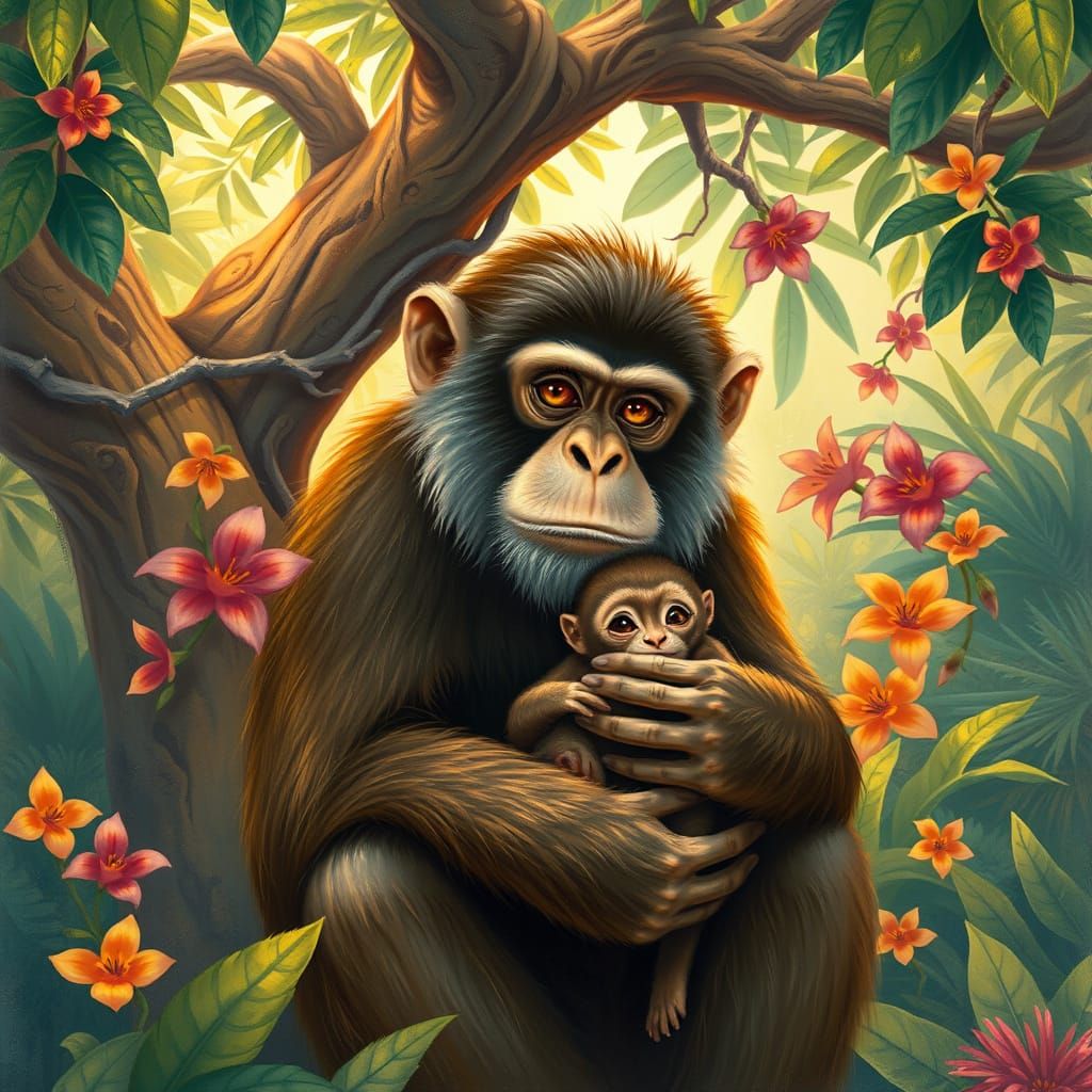 Monkey Mother Tenderly Holds Her Baby in a Jungle Tree