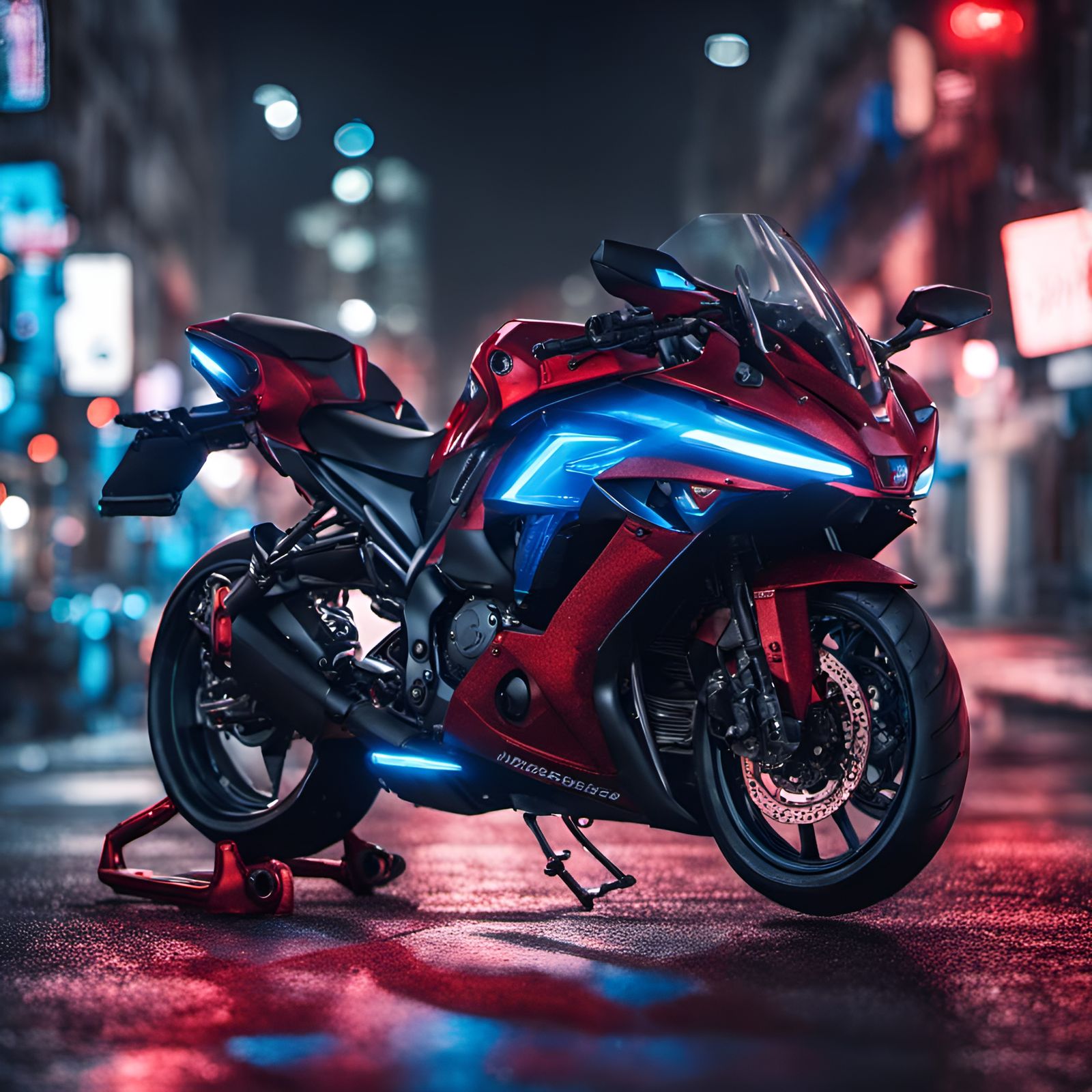 Futuristic Dark Red Kawasaki Ninja in Paris at Night