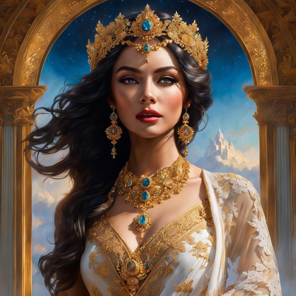 Ethereal Woman Portrait with Lace and Gold Halo