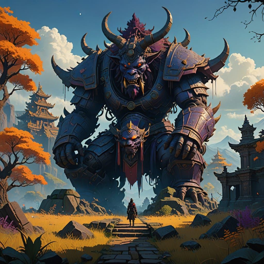 Mystical Oni Demon Ascends Ancient Temple Ruins