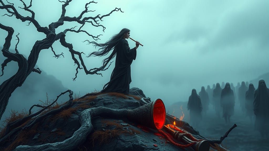 Mysterious Female Figure in a Haunting Landscape