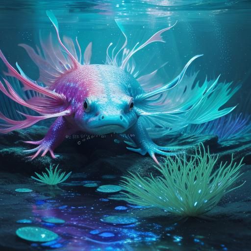 Glowing Axolotl in Murky Water: Digital Art