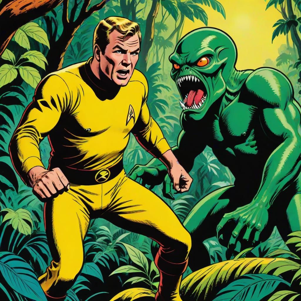 Captain Kirk Fights Fierce Alien in Jungle 1960s Comic Style
