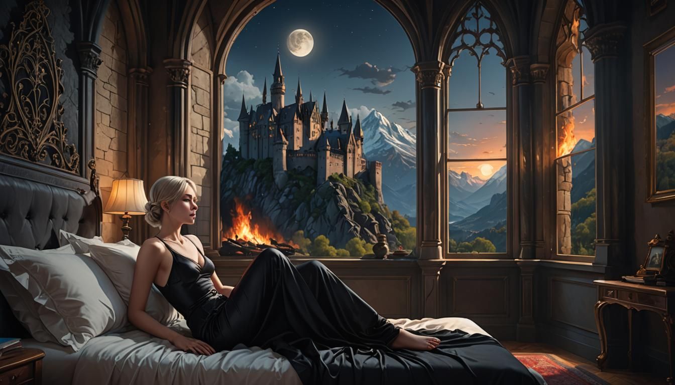 Gothic Castle Bedroom Scene with Woman