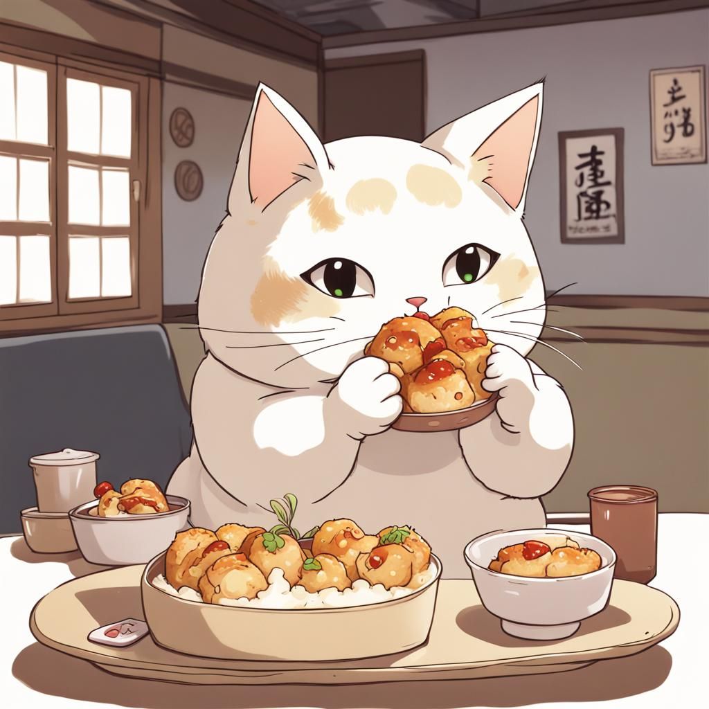 Chubby Cat Enjoys Takoyaki in Anime Style