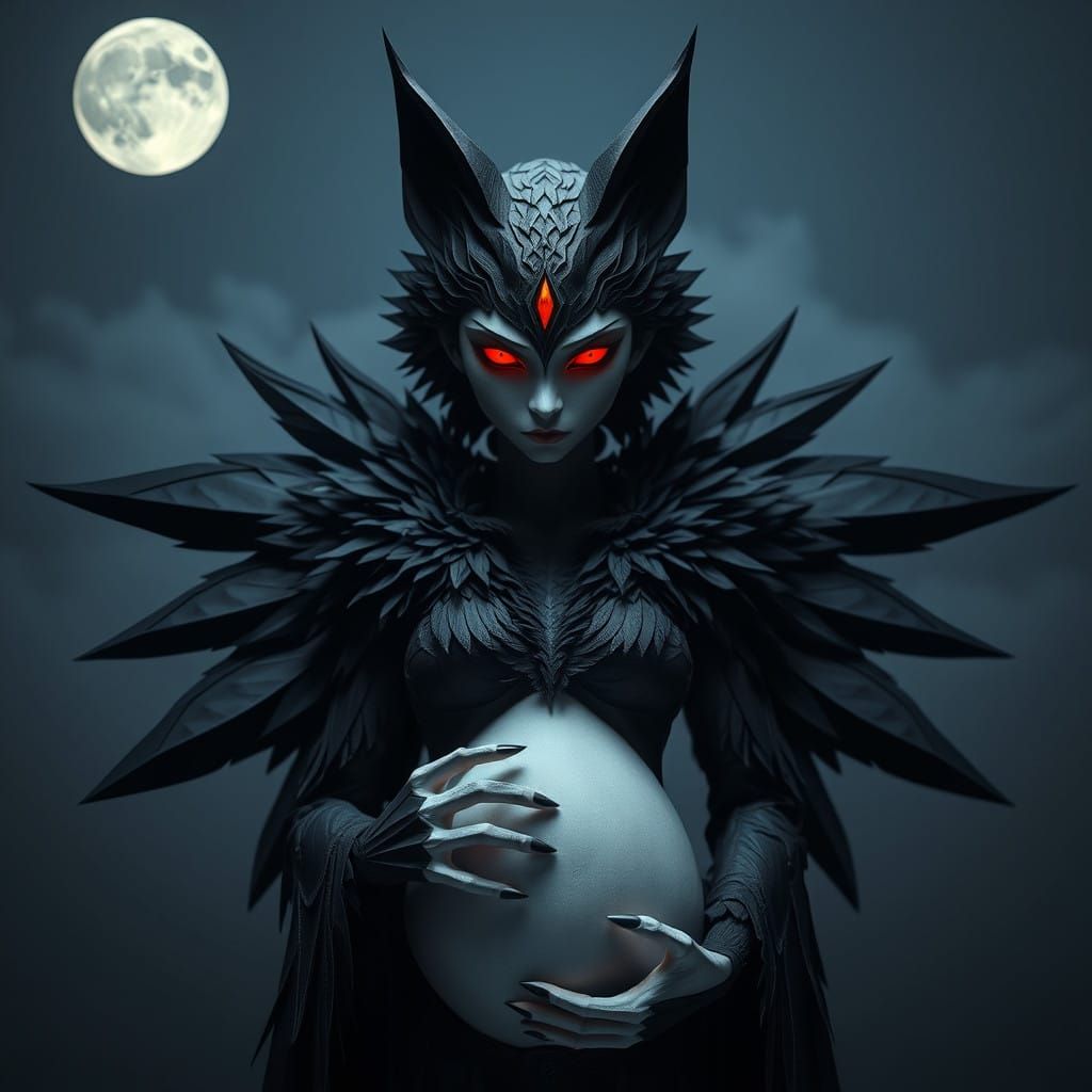 Ethereal Moonlit Goddess with Black Feathers and Fur