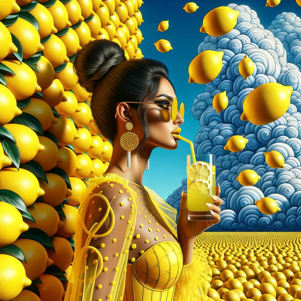 Model in Lemon Outfit Sips Lemonade Under Stormy Sky