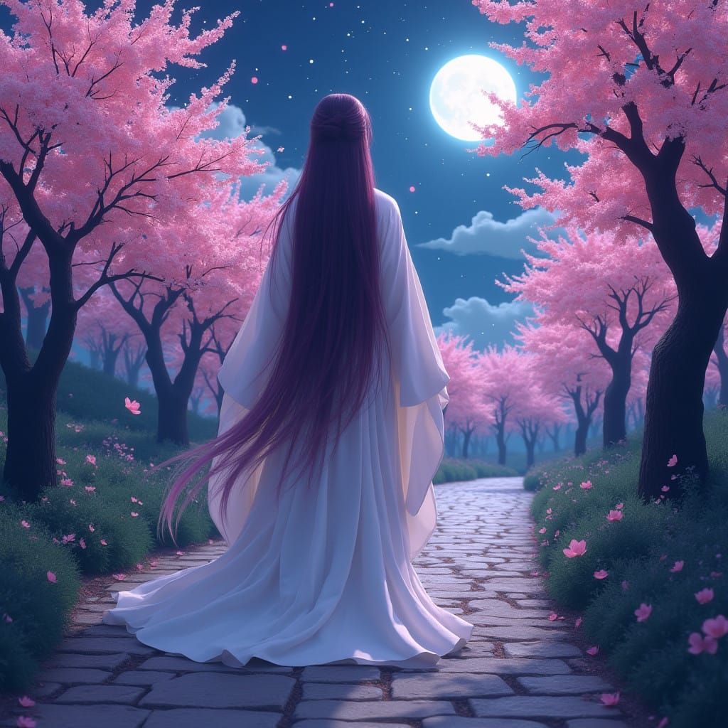 Fantasy Woman Walks Under a Full Moonlit Sakura Tree Canopy