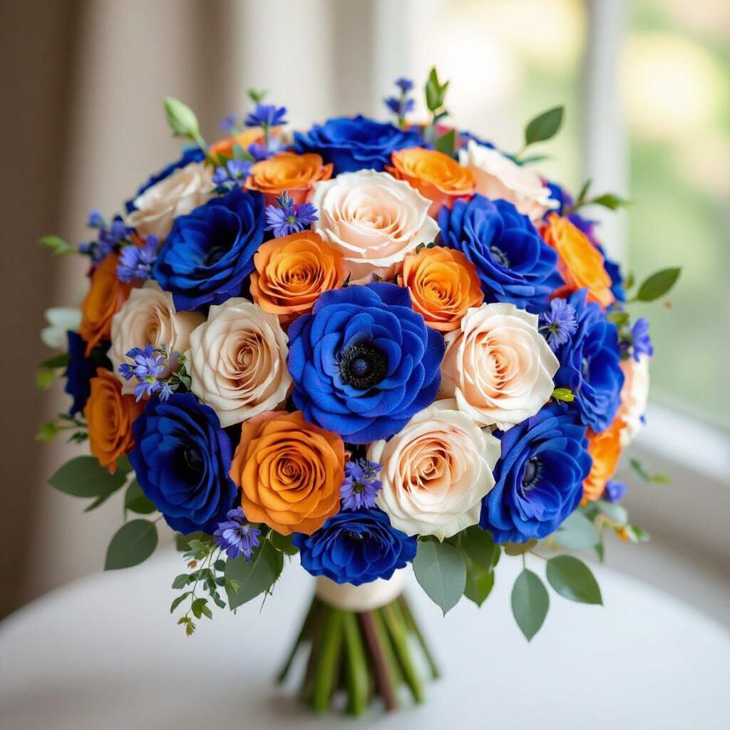 Vibrant Wedding Bouquet with Blue, Orange, and Champagne Flo...