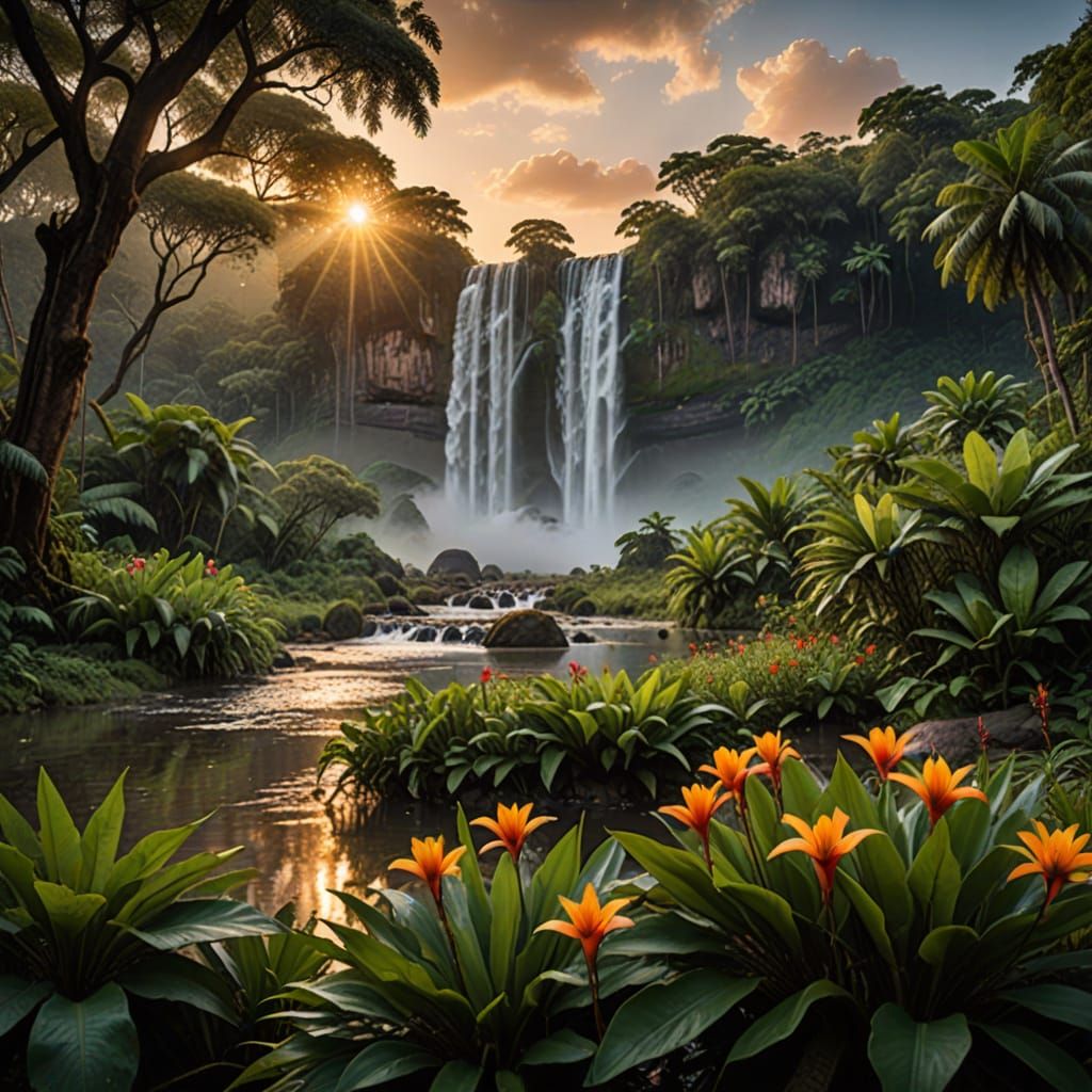 Serene Jungle Waterfall Lagoon in Vibrant Sunset Colors