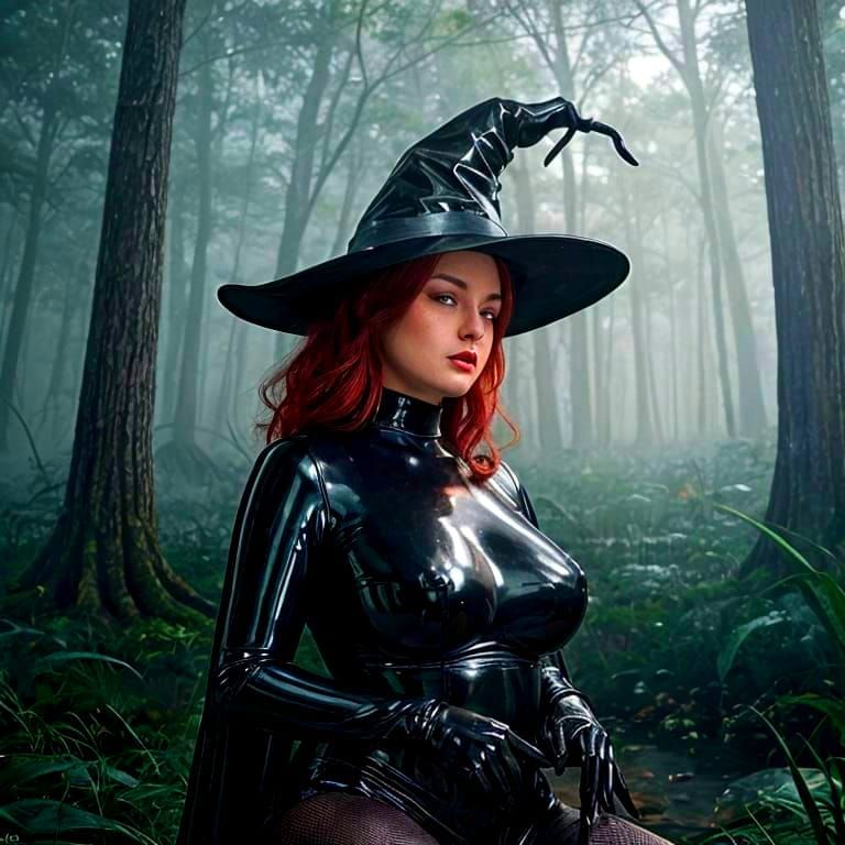 Botero-Inspired Pin-Up Witch in Haunted Swamp