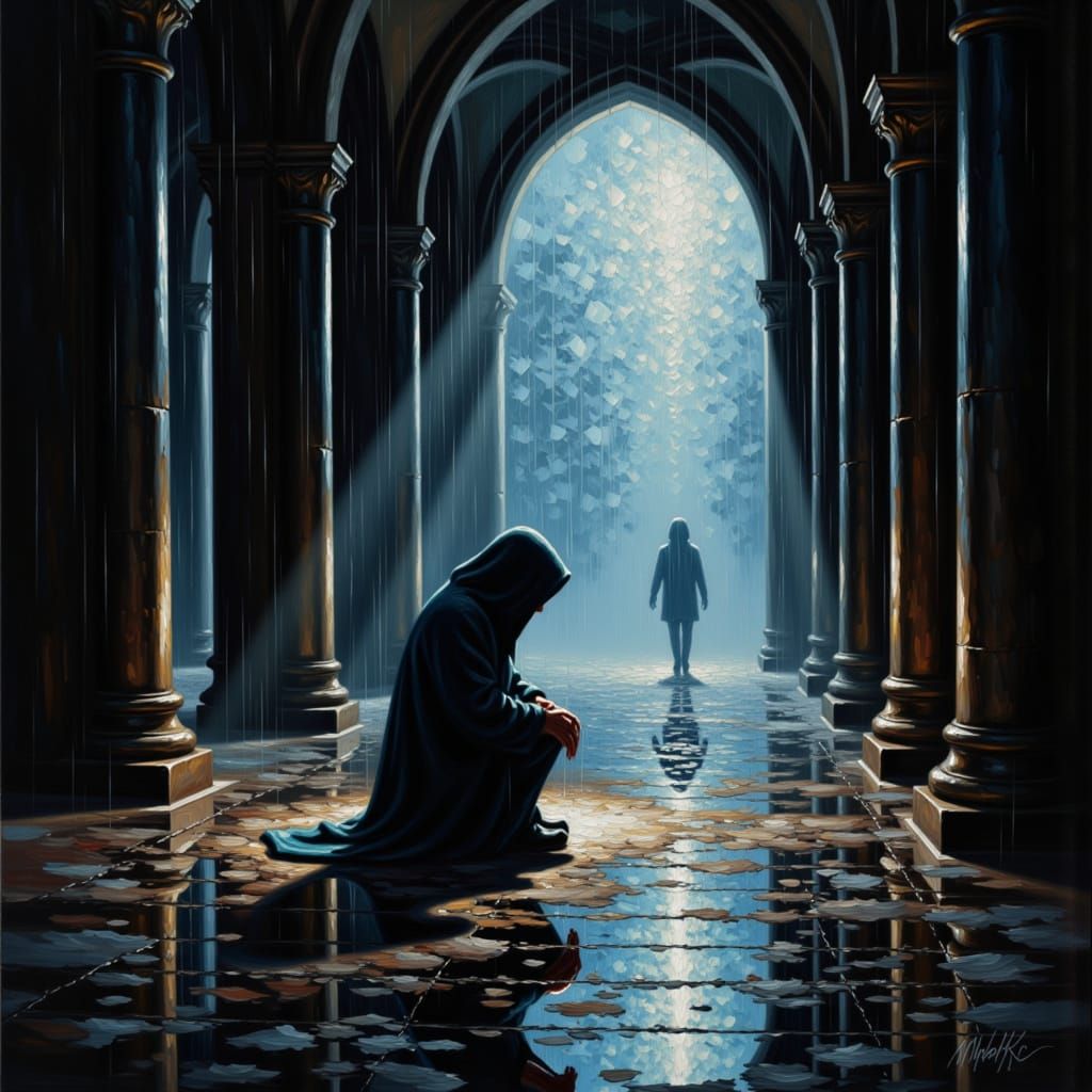 Mourning Figure in Shattered Cathedral, Romantic Oil Paintin...
