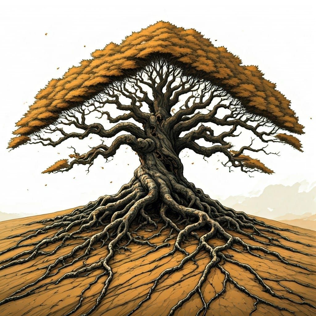 Giant Oak Tree on Windswept Hill in Pen & Ink