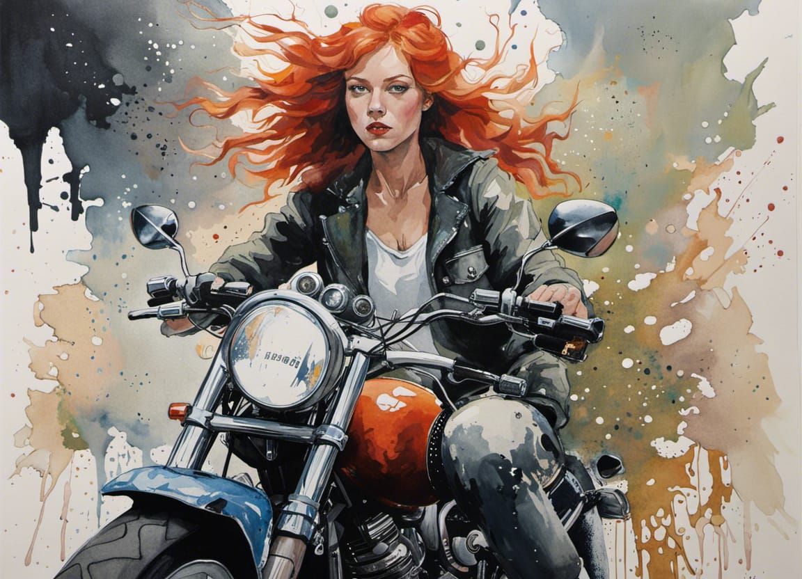 Redhead Girl on Motorcycle in Watercolor Style