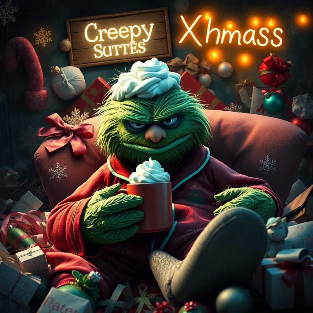 Grouch Christmas Monster Reclines in Cluttered Bedroom