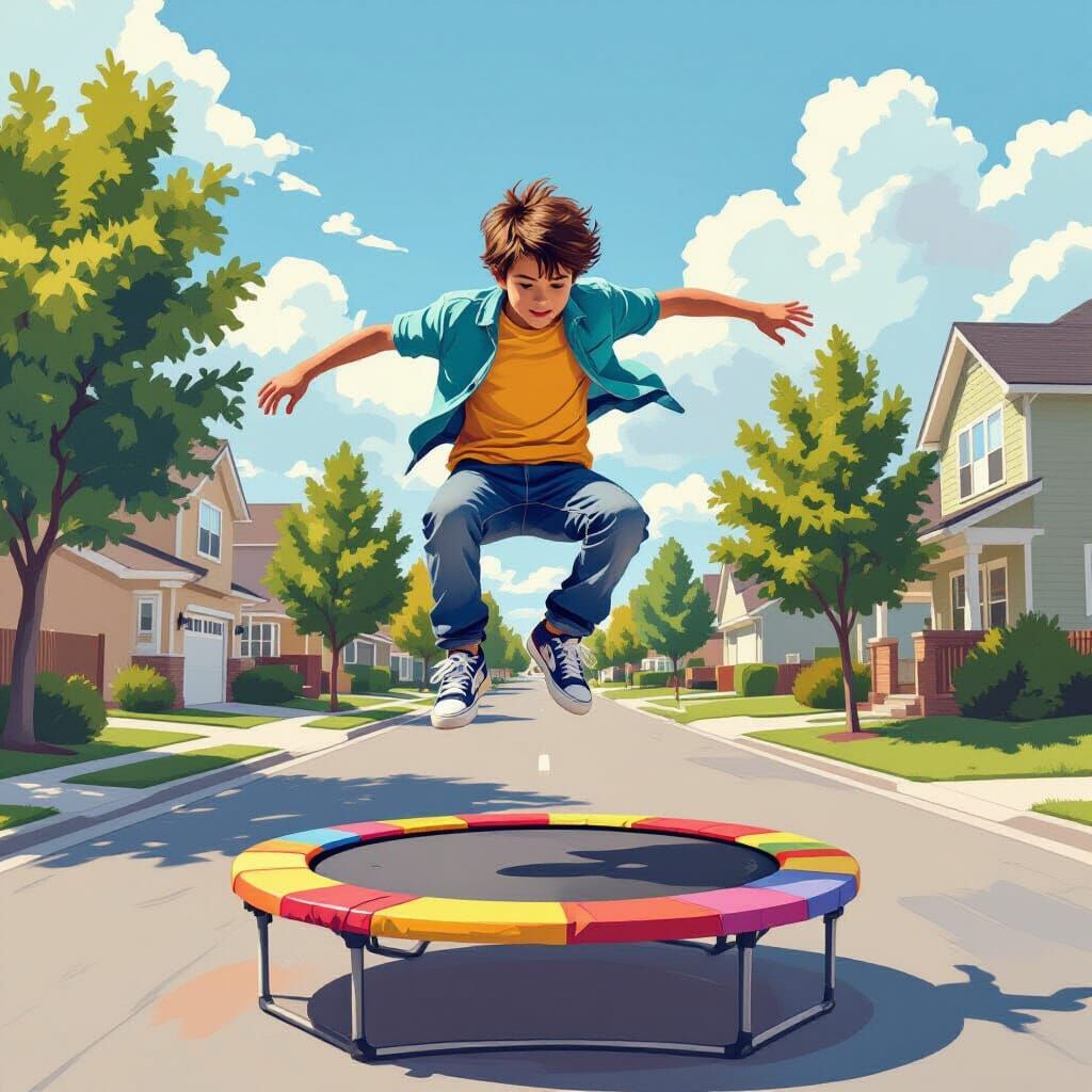 Boy Somersaults Off Trampoline on Suburban Street