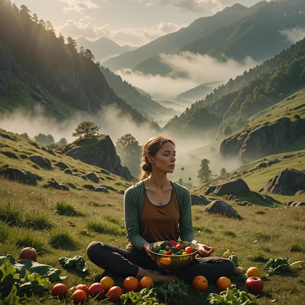 Yoga on Misty Mountain Meadow in Cinematic Style