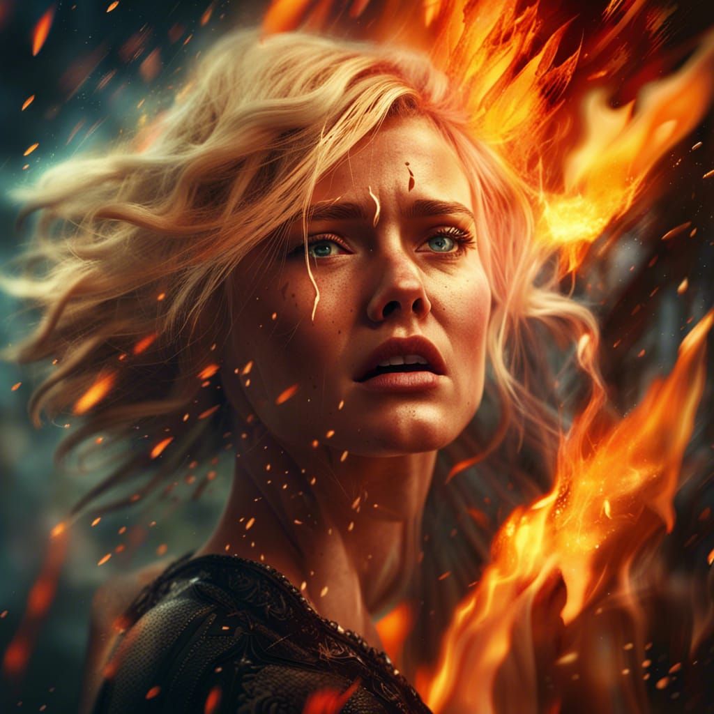Crying Blonde Girl in Fire: Art Deco Style