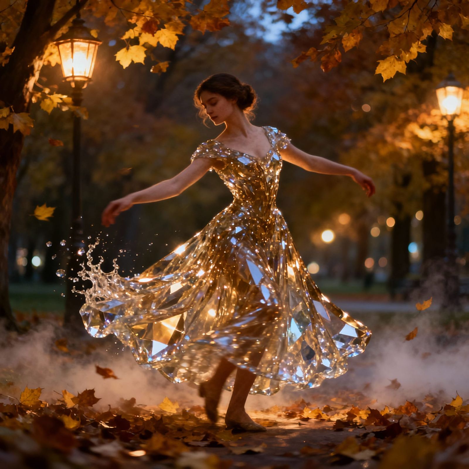 Woman in Shimmering Glass Dress Dancing in Autumn Park