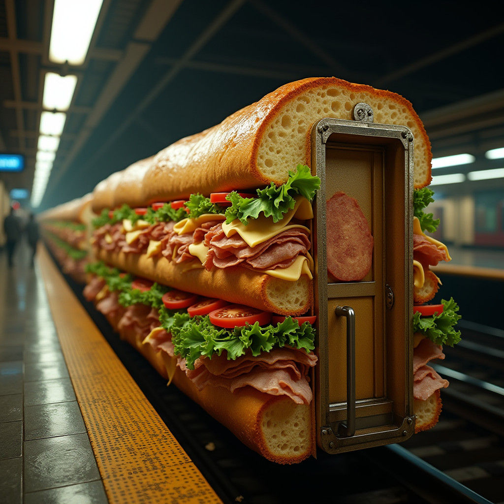 Hyperrealistic Subway Sandwich Train at Station Platform