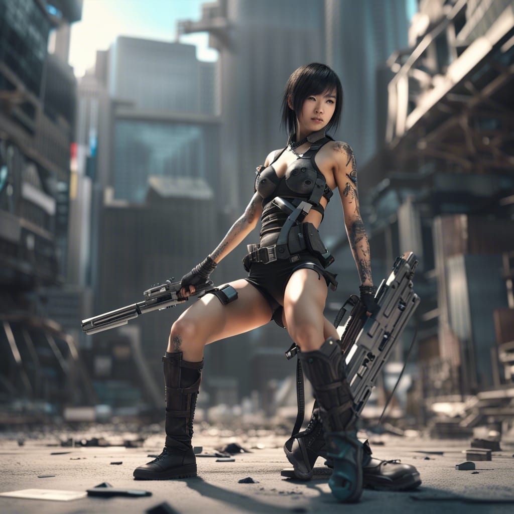 Asian Woman with Weapon in Apocalyptic City