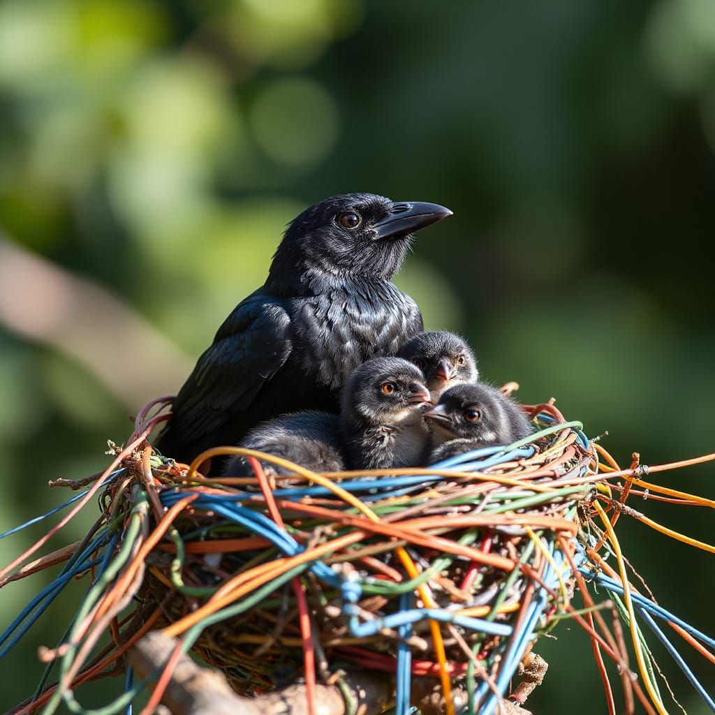 Crow Family Nest Made of Colorful Wires