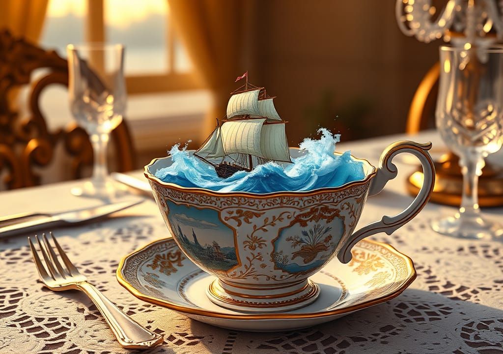 Ship Sails Tumultuous Seas Inside Teacup