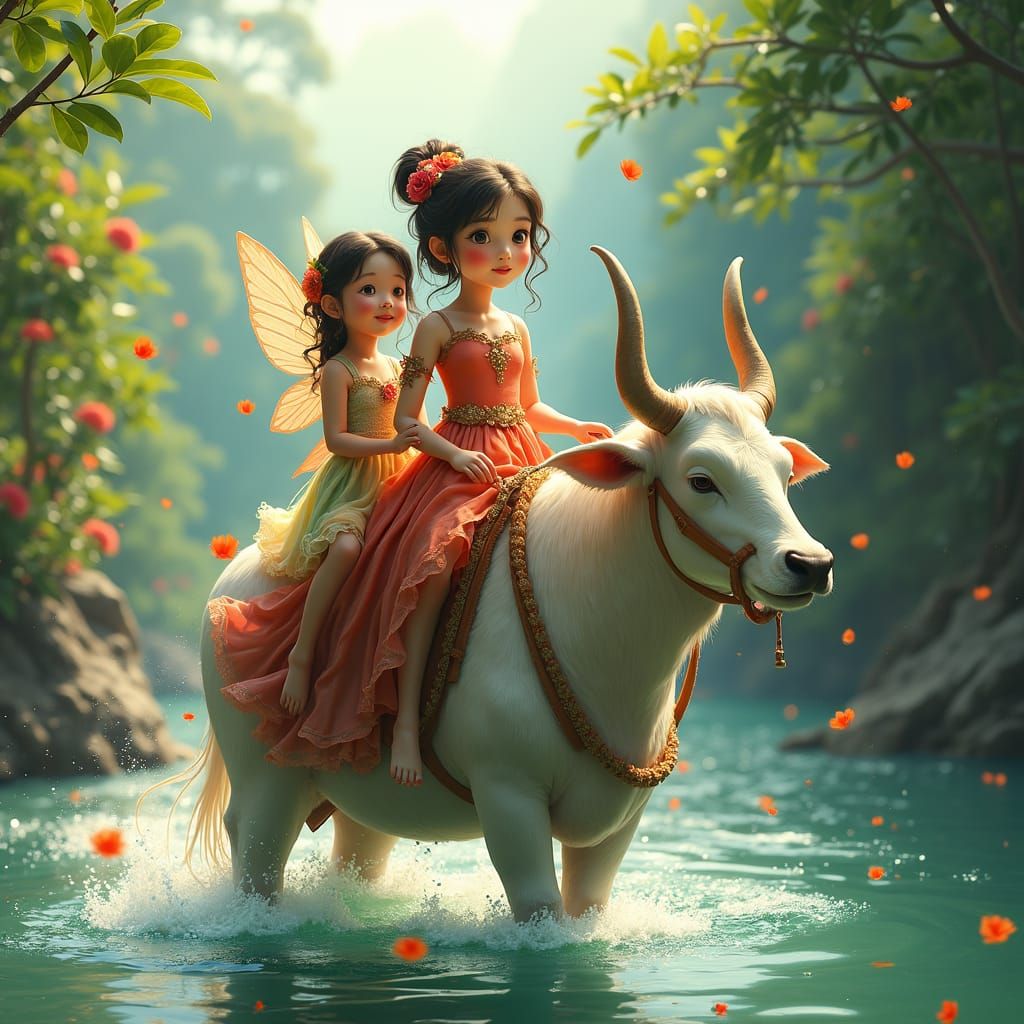 Mother and Daughter Ride Carabao in Fairy Dresses