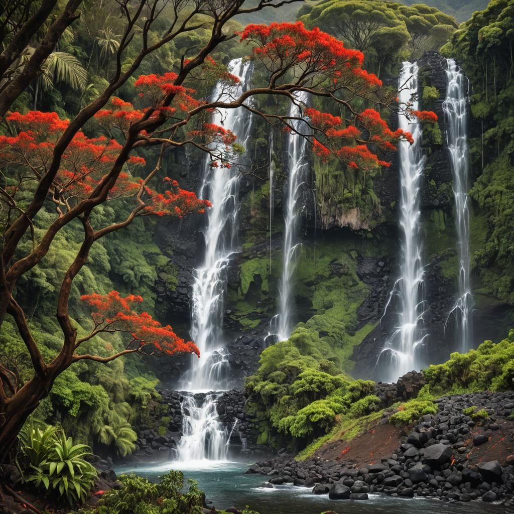 Flamboyant Tree and Waterfall on Reunion Island