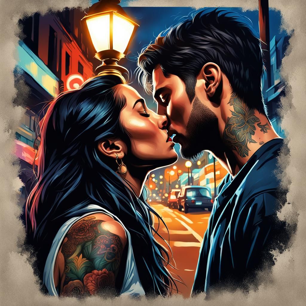 Couple Kissing at Night in Hyperrealistic Splash Art