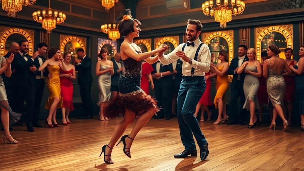 Charleston Dancers in Art Deco Ballroom, Art Nouveau Style