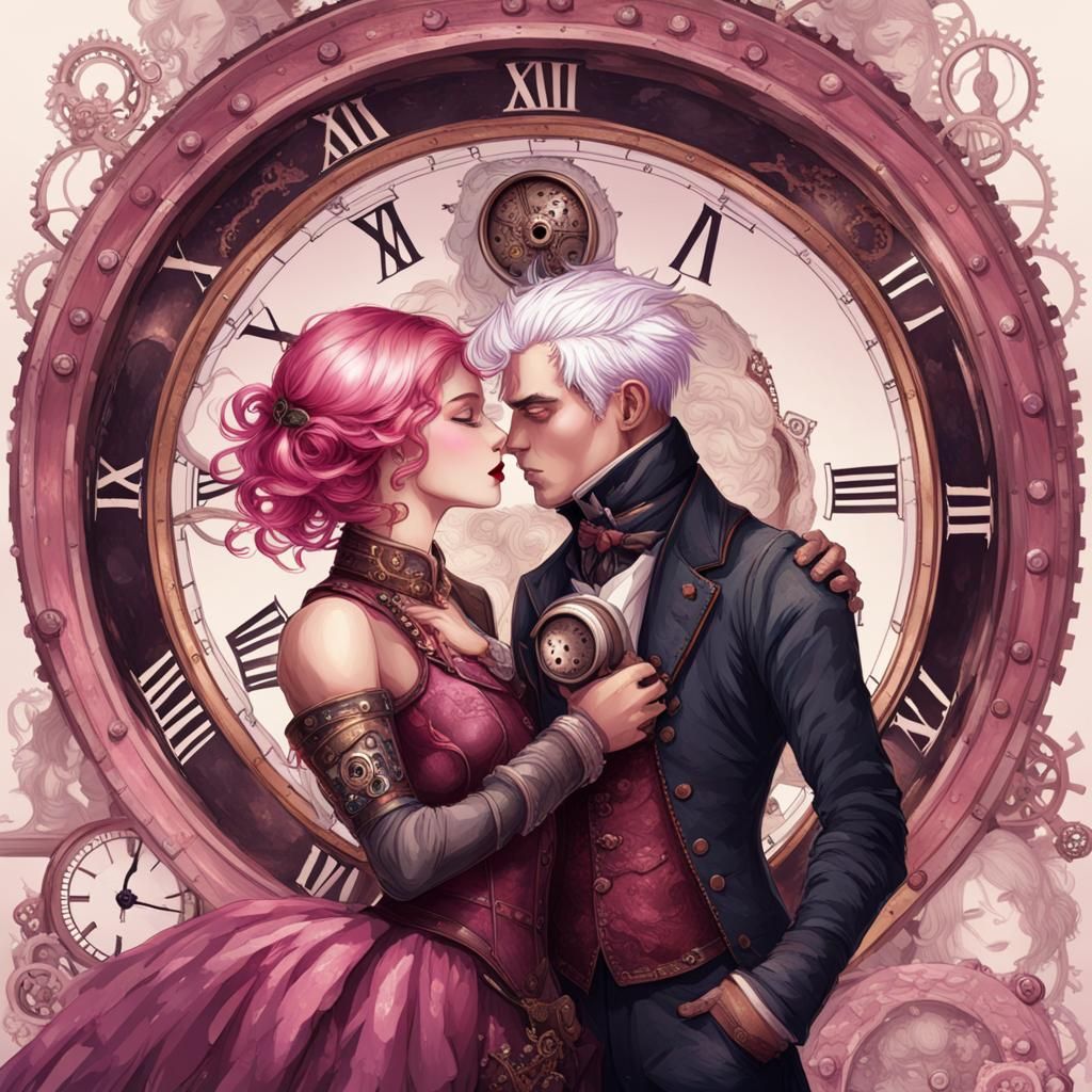 Steampunk Ball: Pink-Haired Woman Kisses White-Haired Man