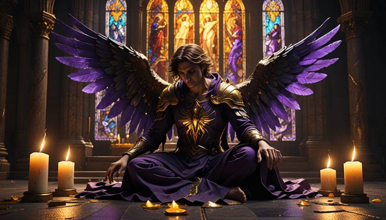 Fallen Angel's Redemption in a Gothic Cathedral